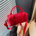 Minimalist red cylindrical nylon tote bag with detachable shoulder strap and top handles - Red / Small