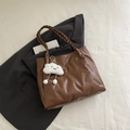 Brown pleated tote bag in PU leather with woven strap and plush cloud charm accessory - Brown with Pendant