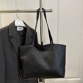 Chic black tote bag with vintage wrinkled leather texture and slim shoulder straps - Black