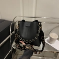 Chic black litchi pattern bucket bag with golden chain and stylish wide strap for women - Black