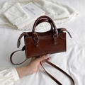 Retro dark brown crossbody bag with faux leather texture and top handles for women - Brown