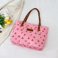 Borsa tote rosa con stampa di ciliegie e manici in pelle per l'uso quotidiano - Rosa