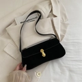 Classic black velvet baguette underarm bag with vintage gold metal U-shaped buckle - Black without Pendant