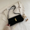 Chic black baguette underarm bag with gold buckle and cute brown plush charm - Black With Pendant