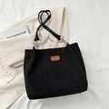Large black corduroy tote bag with leather straps and metal rings for women - Black