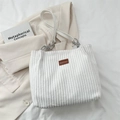 White large capacity corduroy tote bag with chain strap and leather patch for women - White
