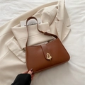 Brown PU leather baguette bag with a golden gourd buckle for a vintage minimalist look - Brown