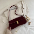 French vintage burgundy suede baguette bag with gold lock and plush toy charm - Red with Pendant
