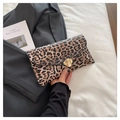 Leopard print envelope clutch bag with gold metallic wave buckle and flat structure - Black Leopard