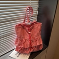 Bolso tote a cuadros rojos y blancos 2025 con cordón y capas de volantes - Estilo a Cuadros Burdeos con Volantes / Burdeos