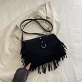 Vintage black faux suede saddle bag with long tassels and gold metal hardware accents - Black