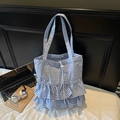 Blue and white plaid tote bag with tiered ruffles and drawstring closure for women - Blue