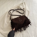 Dark brown vintage suede saddle bag with long tassels and gold metal ring details - Brown