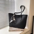 Minimalist black large capacity tote bag with decorative silk scarf on a white windowsill - With Pendant / Black