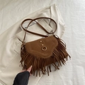 Vintage brown suede saddle bag with fringe tassels and gold hardware details - Brown
