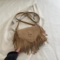 Vintage camel matte suede saddle bag with fringe details and gold-tone hardware - Khaki