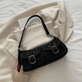 Schwarze Vintage-Achseltasche mit Leo-Print, Doppel-Taschen und silbernen Schnallen - Schwarz