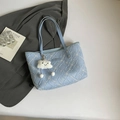 Light blue quilted tote bag with white embroidery and a cloud plush charm accessory - Blue with Pendant