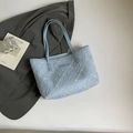 Light blue quilted tote bag with rhombus floral embroidery and golden rivets - Blue Without Charm