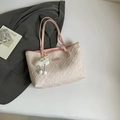 Cream quilted tote bag with pink leather handles and cute white cloud pendant - Pink With Pendant