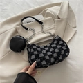Black and white checkered tweed shoulder bag with chain strap and mini coin purse - Black Checkerboard
