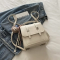 Beige retro PU leather small backpack with cartoon bear embossing and plush charm - Cream White with Pendant