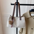 Beige canvas tote bag with brown leather handles and cute plush bear charm accessory - Brown (With Pendant)
