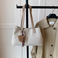 Large beige canvas tote bag with brown leather handles and a plush bear pendant charm - Khaki (With Charm)