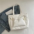 Chic off-white large capacity tote bag in matte PU leather with side drawstring detail - White