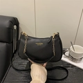 Minimalist black lychee pattern leather shoulder bag with golden chain and zipper - No Pendant / Black