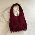 Vintage wine red fringe tote bag with large capacity for women's daily commute - Red