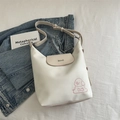Creamy white puppy tote bag with pink embroidery and silver bone buckle - White