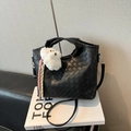 Large black woven shoulder bag with plush bear charm and adjustable strap for women - With Plush Charm / Black