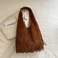 Chic brown suede fringe hobo bag with tiered tassels and wide strap for boho style - Brown