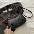 Fashionable black pebbled leather underarm bag with gold chain and red cherry charm - With Pendant / Black