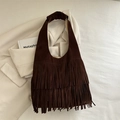 Retro dark brown suede hobo bag with fringe details and bohemian shoulder strap style - Brown