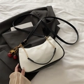 White litchi pattern half-moon shoulder bag with black trim and cherry charm - With Pendant / White