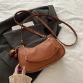 Brown litchi grain PU leather underarm bag with gold chain and cherry pendant detail - With Pendant / Brown