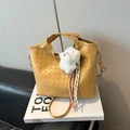 Yellow woven PU leather crossbody bag with chic dog pendant and crossbody strap - Without Pendant / Khaki