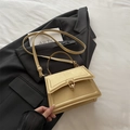 Elegant champagne gold metallic handbag with sleek top handle and crossbody strap - Gold