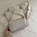 White rectangular underarm bag with M-letter print and adjustable shoulder strap - White