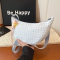 Light blue plaid dumpling bag with colorful star patterns and adjustable shoulder strap - Blue with Pendant