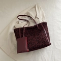 Borsa tote vintage bordeaux leopardata con pochette coordinata per donna - Rosso