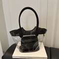 Transparent PVC tote bag with black handles and frosted inner pouch for summer beach use - Transparent Black