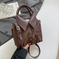 Dark brown shirt-inspired handbag with button detail and pleated faux leather finish - Brown
