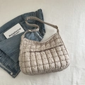 Quilted beige puffer tote bag with adjustable strap and soft square stitching detail - Khaki