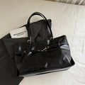 Minimalist black large capacity tote bag with gold buckle and smooth PU leather finish - Black
