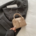 Retro beige mini crossbody bag with leather buckle and silver chain strap details - Khaki
