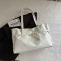 Minimalist white patent leather tote bag with gold buckle strap and long shoulder handles - White