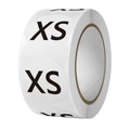 Detail view of round white size stickers roll with bold black XS text for clothing labeling - Size Extra Small / Diameter 2.5cm